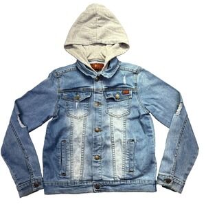 7 For All Mankind Denim Jean Jacket Hoodie Kids Sz L Distressed Blue Gorpocore